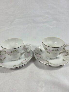 TWO Sheffield 501 Classic Demitasse Cup & Saucer Sets Pink Roses on the Rim
